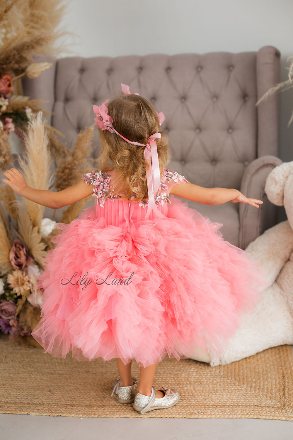 Lel Girl Ruffles Dress in Coral with Flower Lace