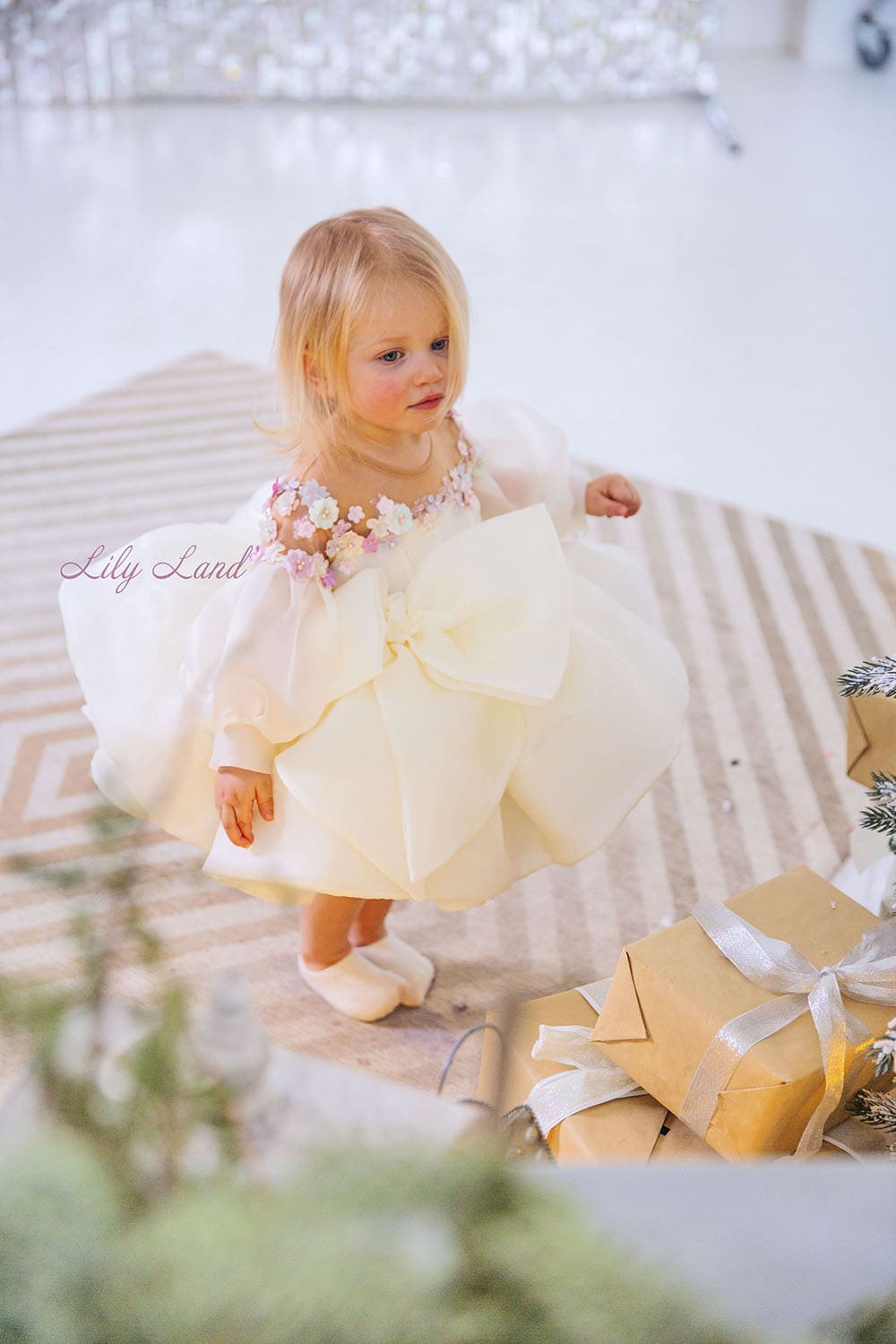 April Girl Dress with Colorful Flowers in Ivory