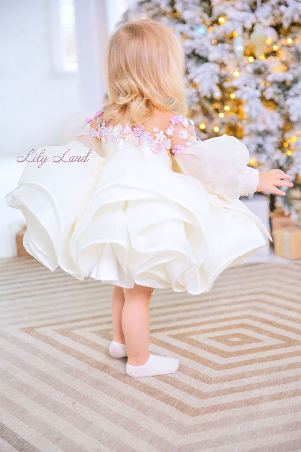 April Girl Dress with Colorful Flowers in Ivory