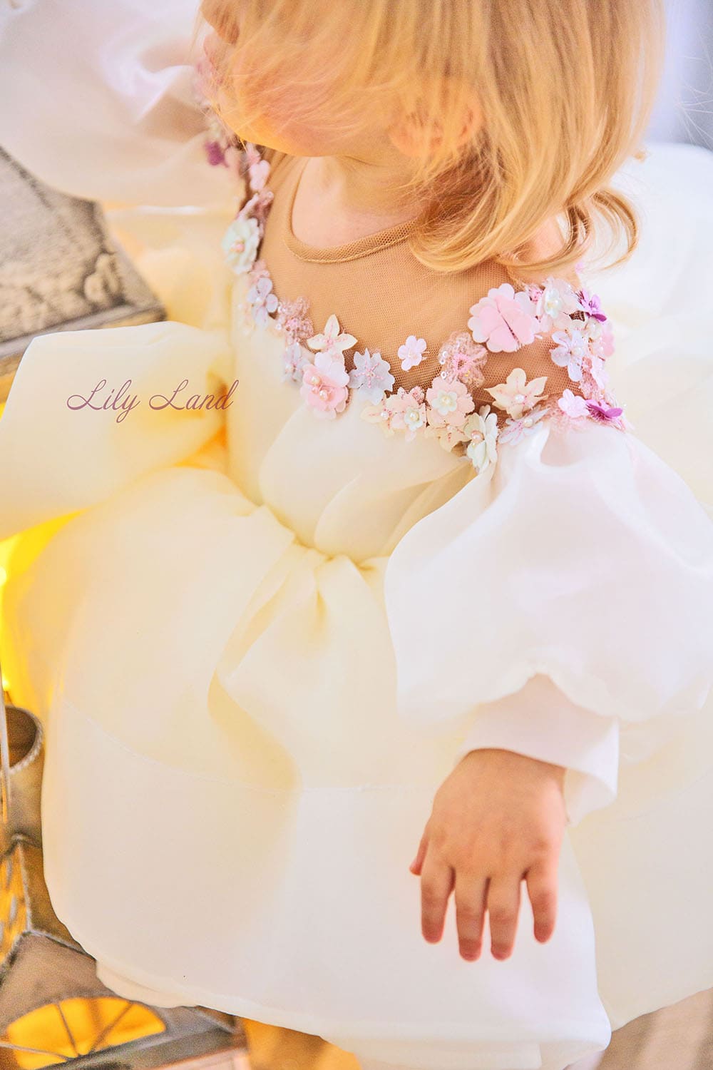 April Girl Dress with Colorful Flowers in Ivory