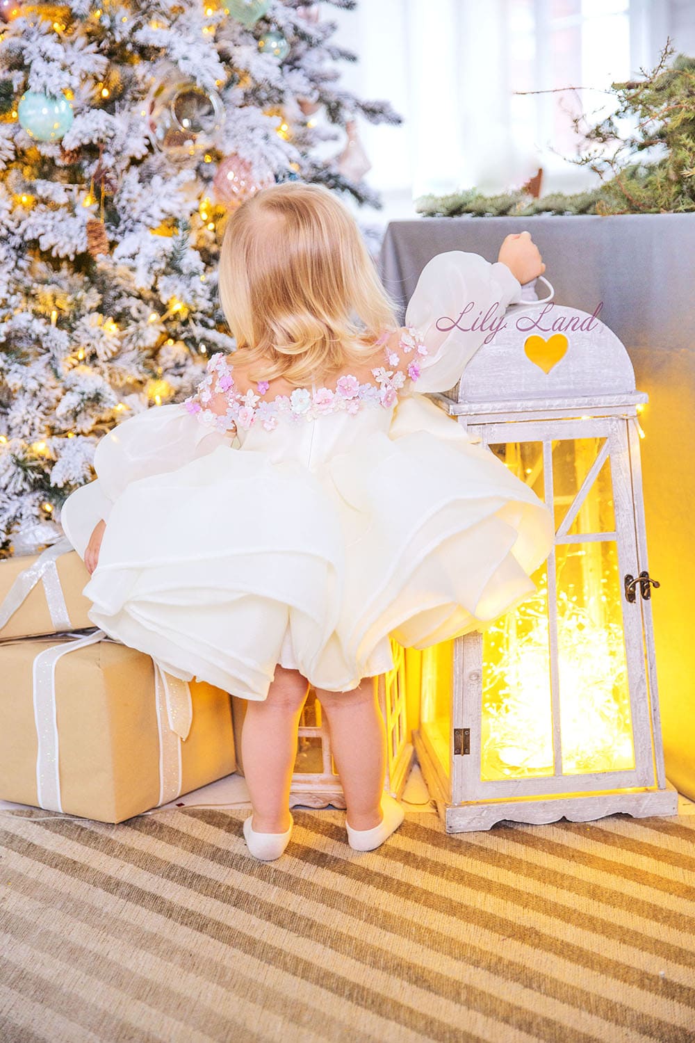 April Girl Dress with Colorful Flowers in Ivory