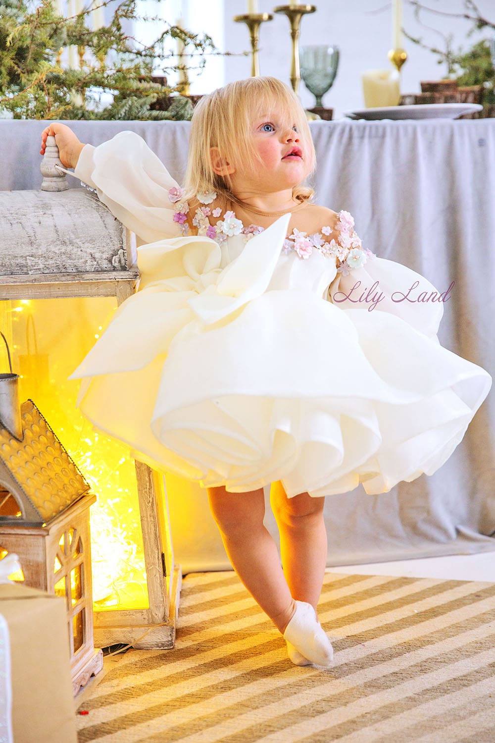 April Girl Dress with Colorful Flowers in Ivory