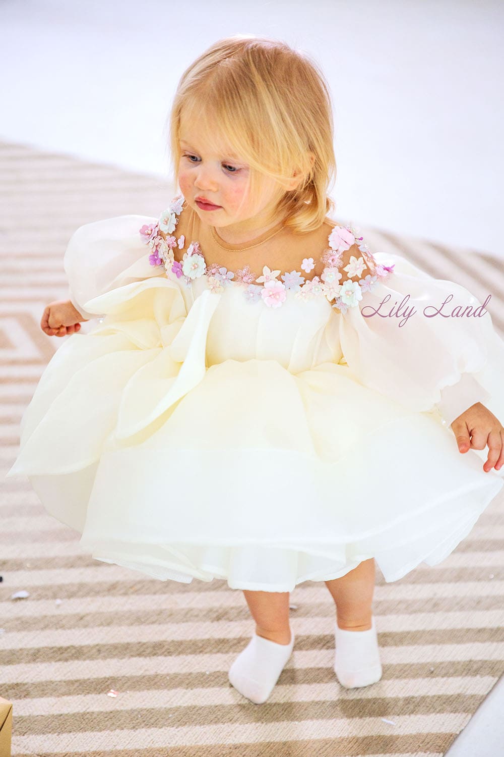 April Girl Dress with Colorful Flowers in Ivory