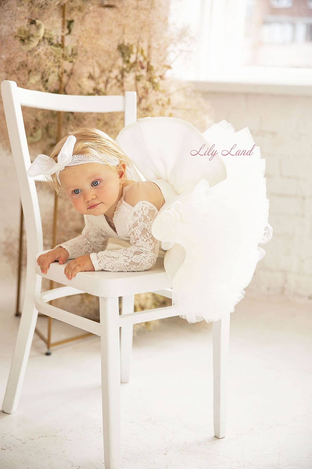 Angelina Lace Long Sleeve Baby Girl Dress in White