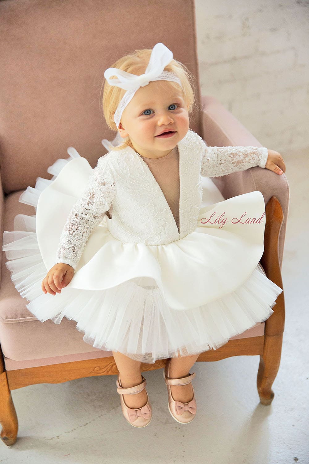 Angelina Lace Long Sleeve Baby Girl Dress in White