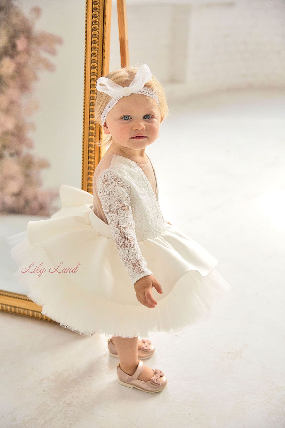 Angelina Lace Long Sleeve Baby Girl Dress in White