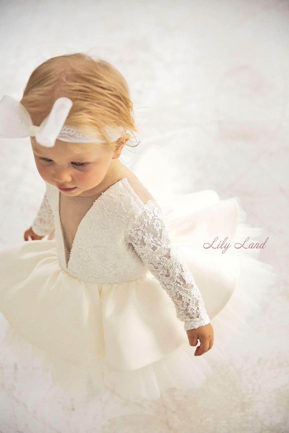 Angelina Lace Long Sleeve Baby Girl Dress in White