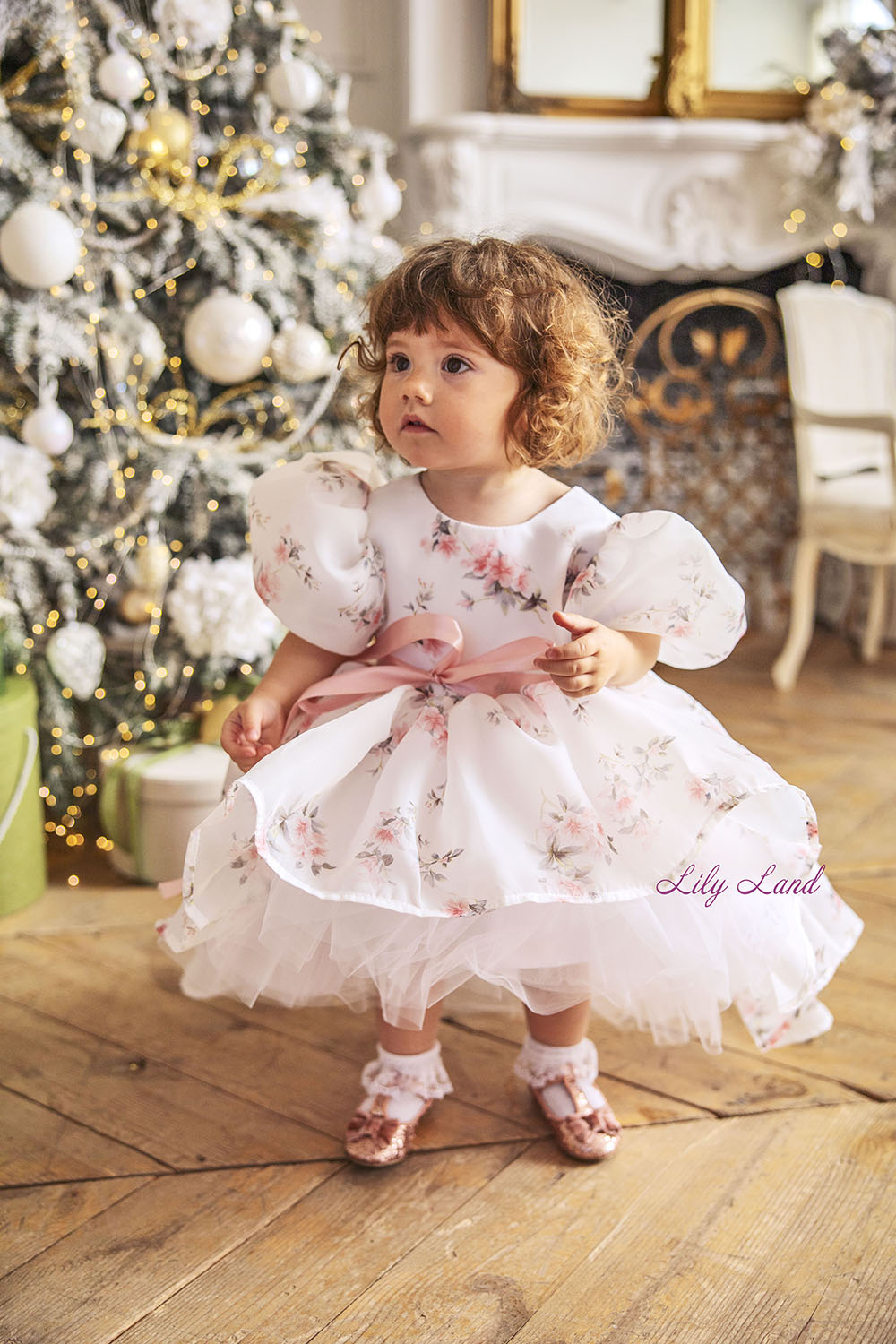 Liana Asymmetrical Girl Dress in White With Floral Print
