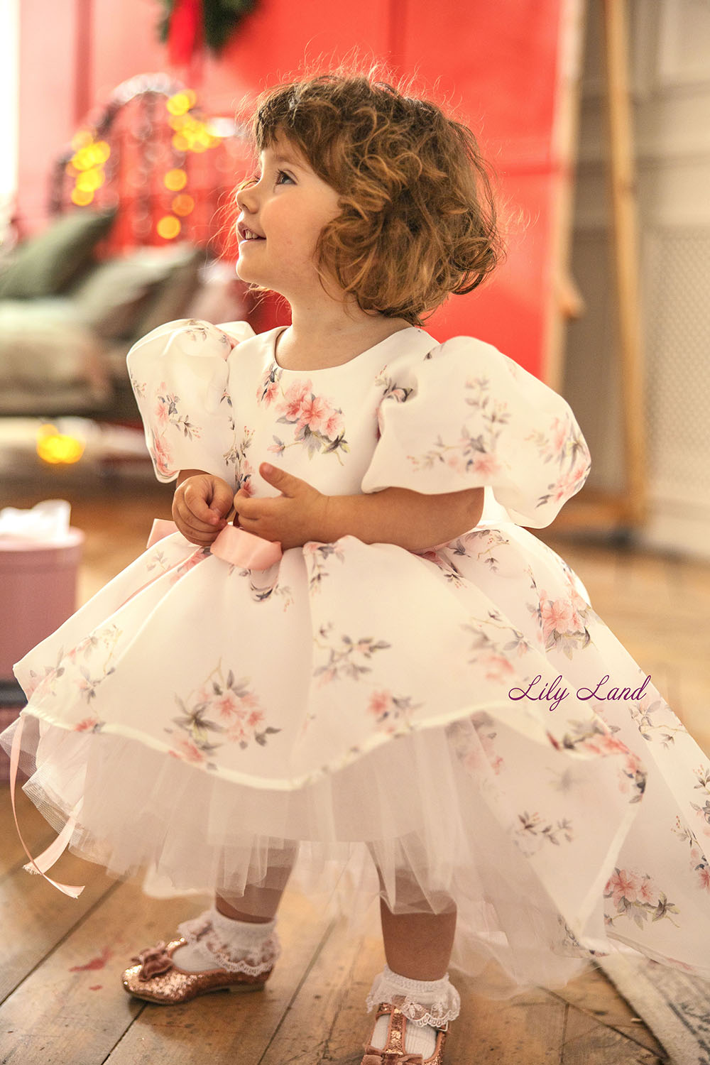Liana Asymmetrical Girl Dress in White With Floral Print