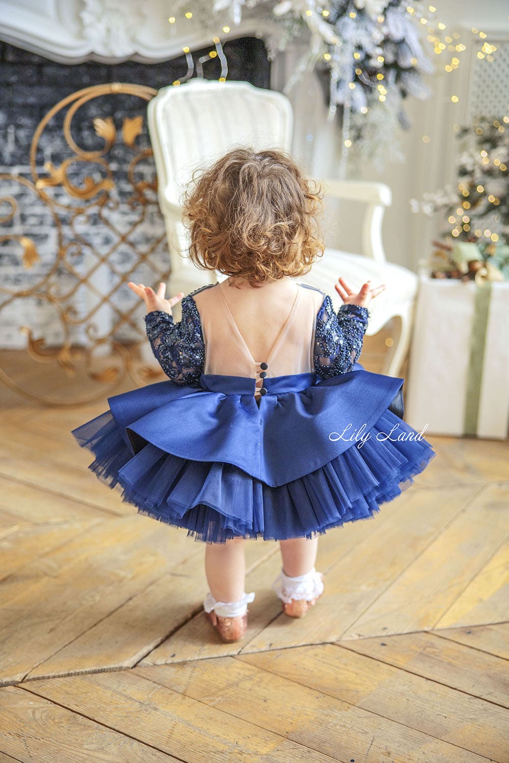 Angelina Lace Long Sleeve Baby Girl Dress in Royal Blue