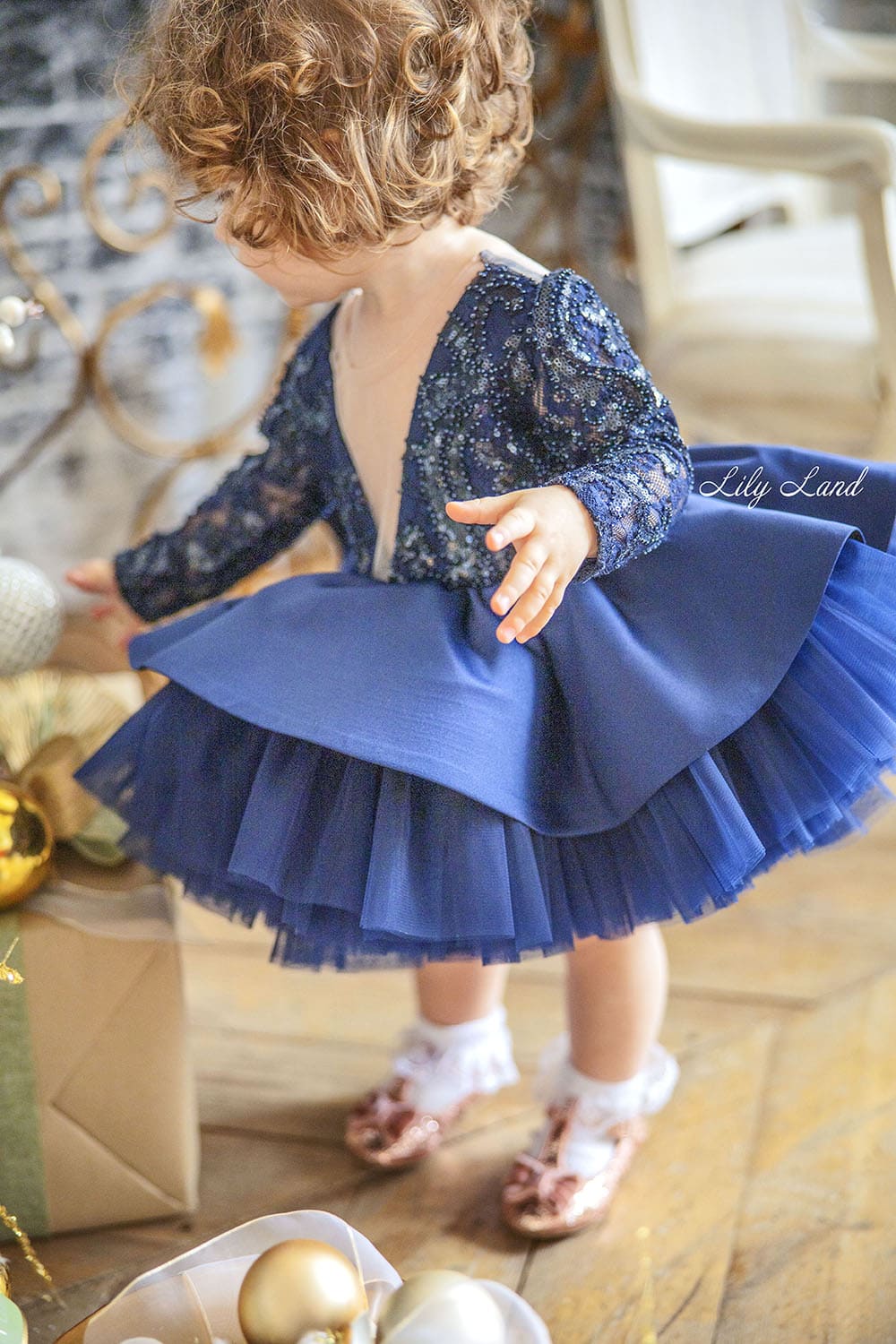 Angelina Lace Long Sleeve Baby Girl Dress in Royal Blue