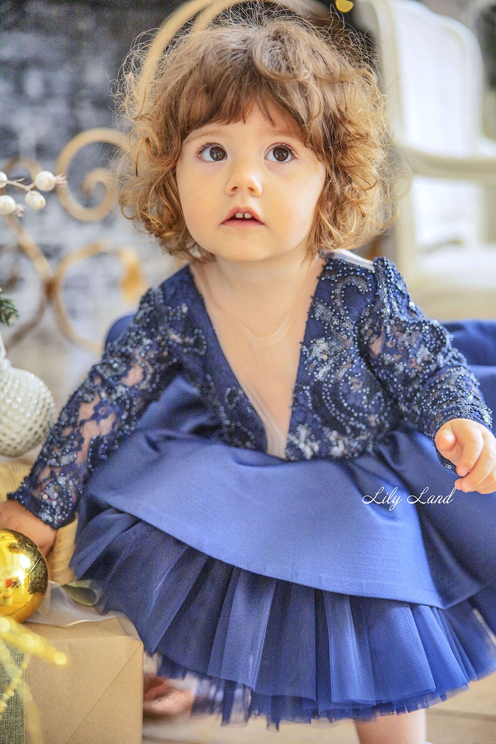 Angelina Lace Long Sleeve Baby Girl Dress in Royal Blue