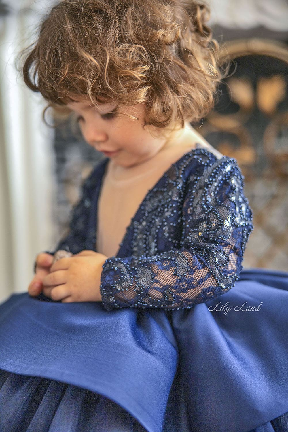 Angelina Lace Long Sleeve Baby Girl Dress in Royal Blue