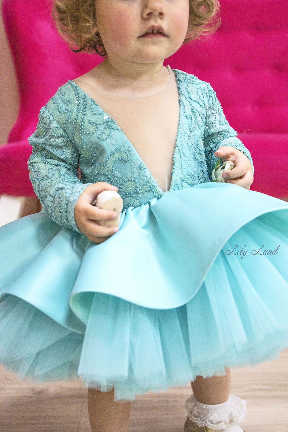 Angelina Lace Long Sleeve Baby Girl Dress in Tiffany
