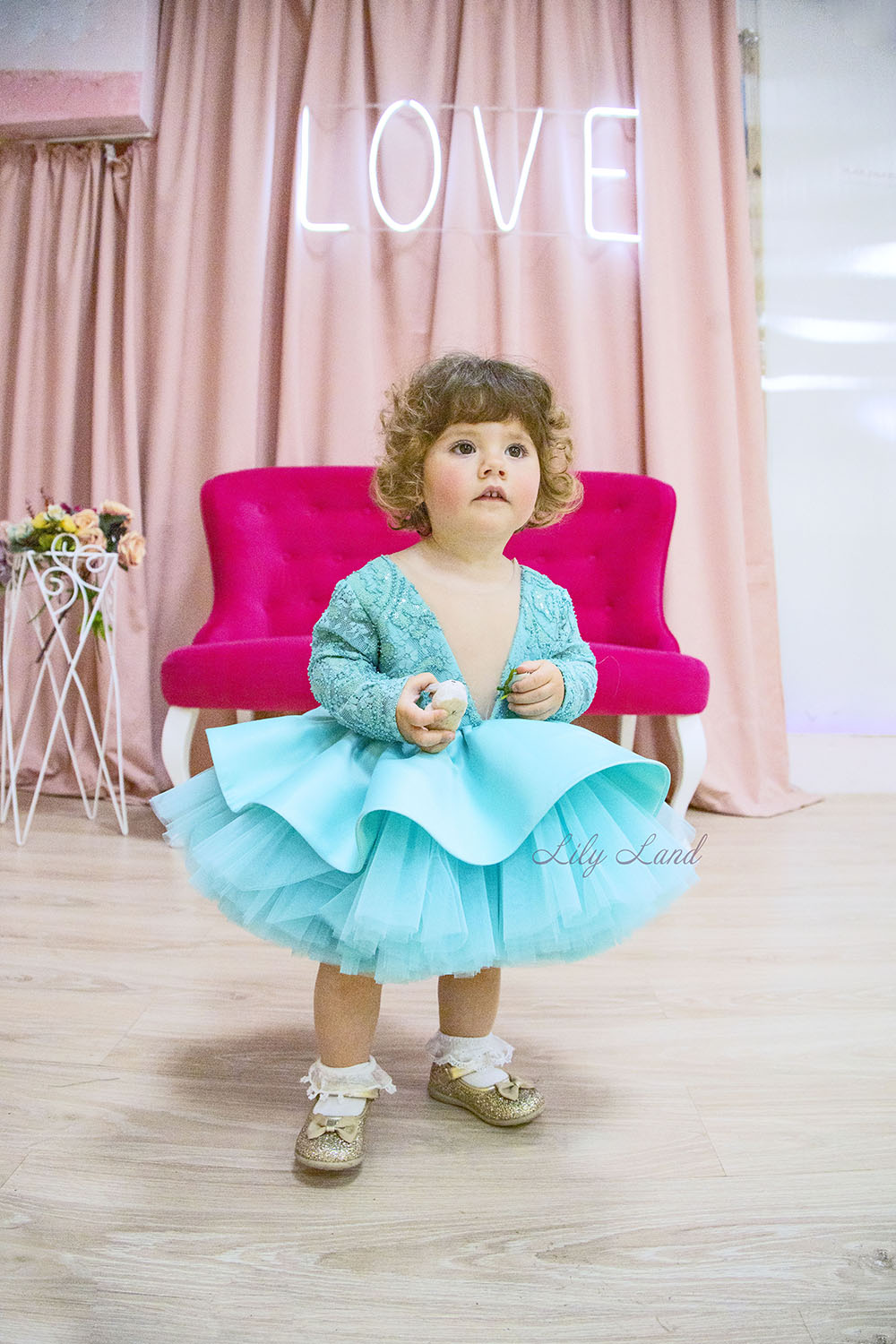 Angelina Lace Long Sleeve Baby Girl Dress in Tiffany
