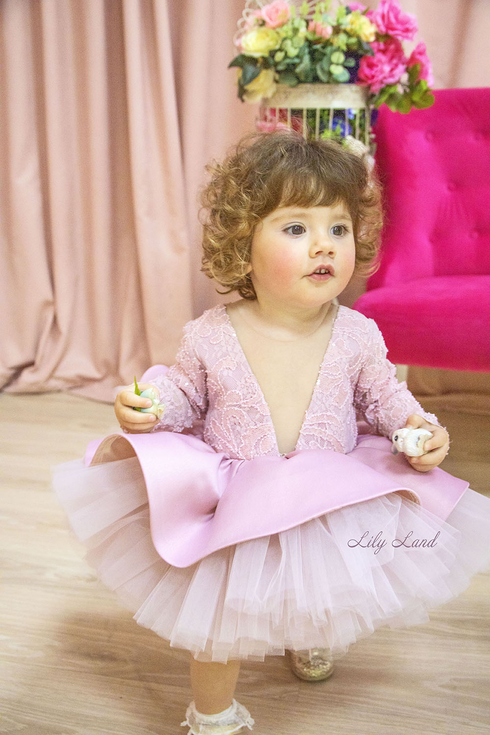 Angelina Lace Long Sleeve Baby Girl Dress in Tea-Rose