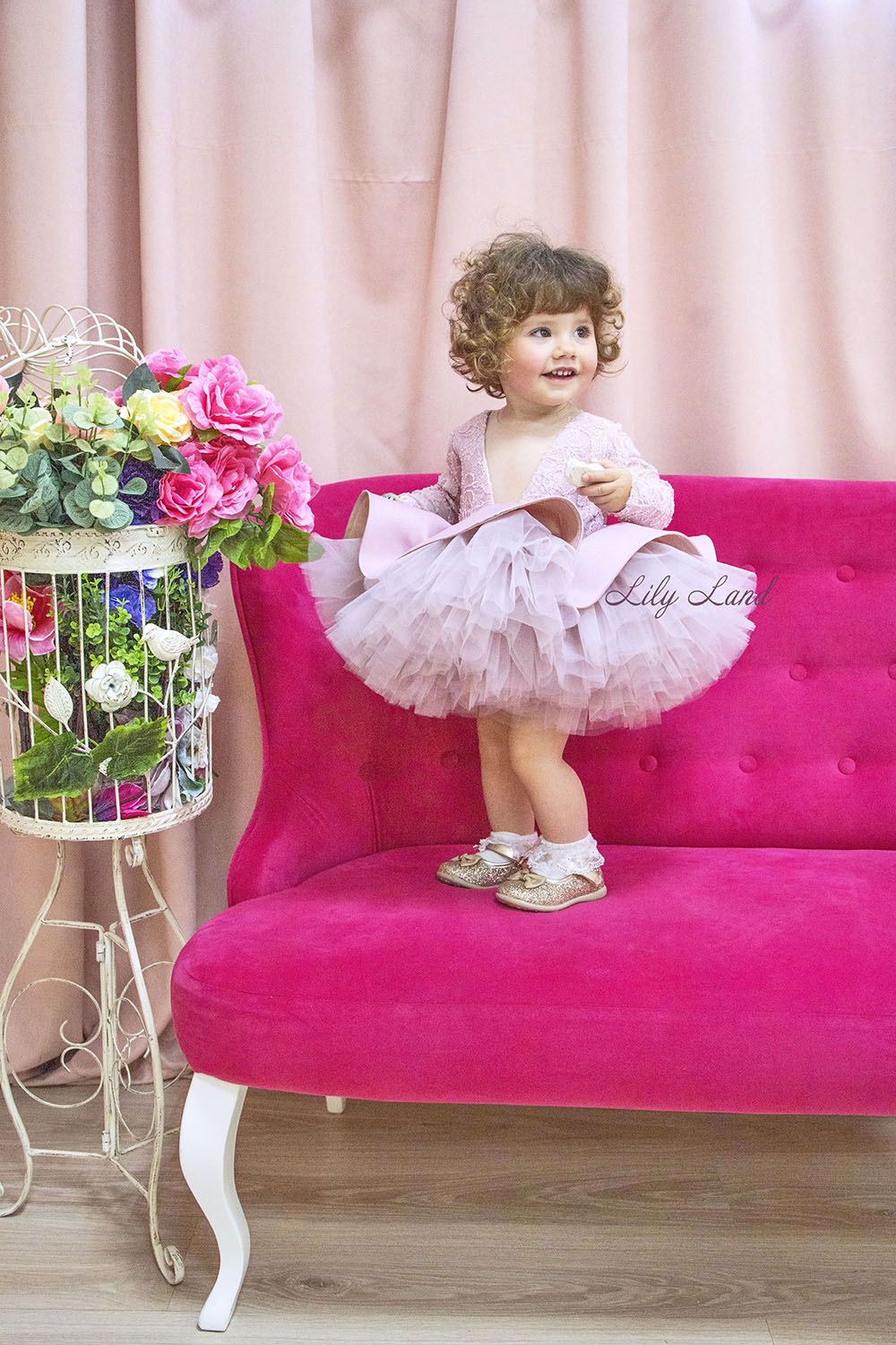 Angelina Lace Long Sleeve Baby Girl Dress in Tea-Rose