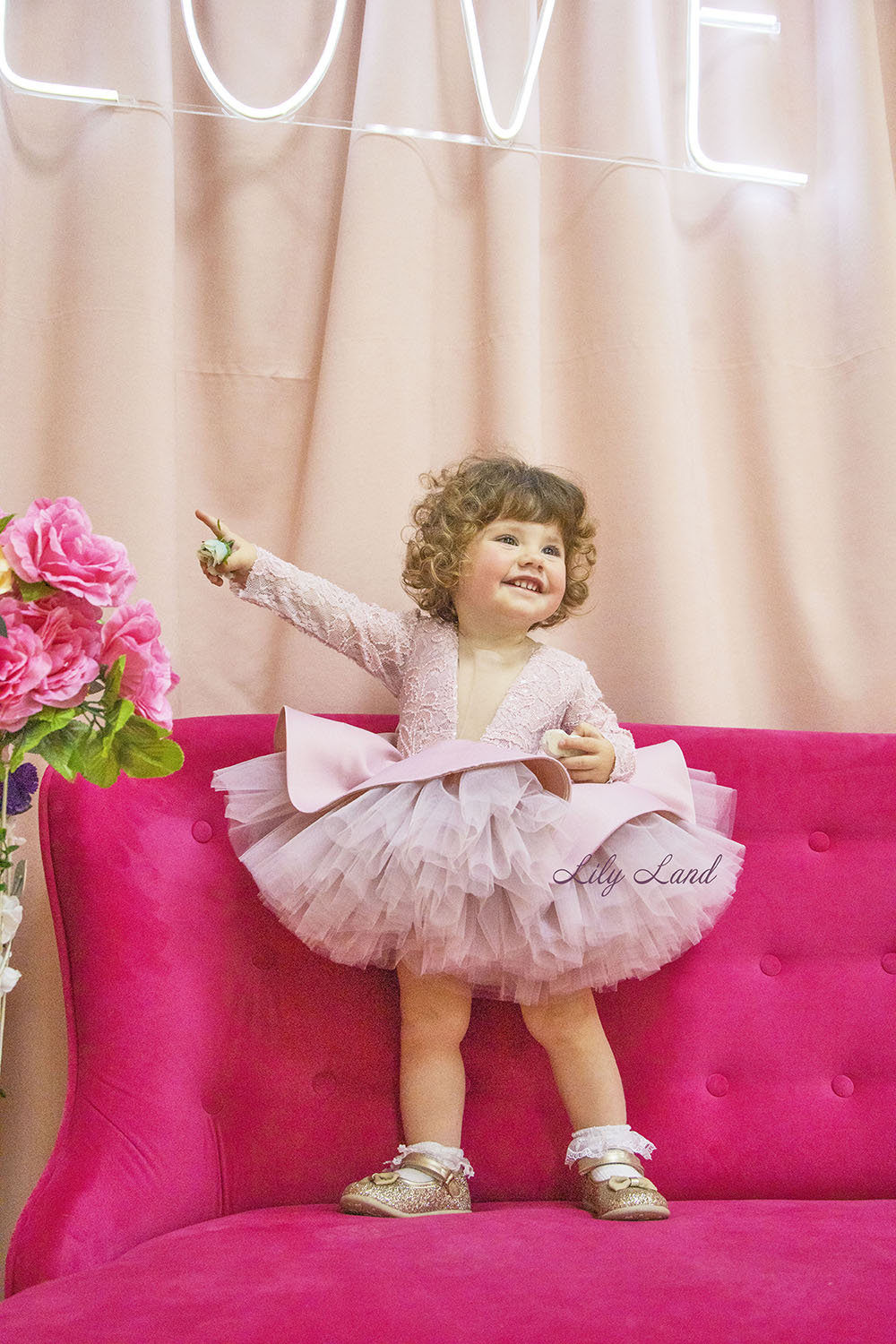 Angelina Lace Long Sleeve Baby Girl Dress in Tea-Rose
