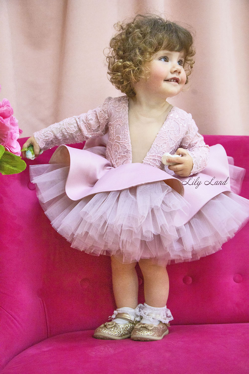Angelina Lace Long Sleeve Baby Girl Dress in Tea-Rose