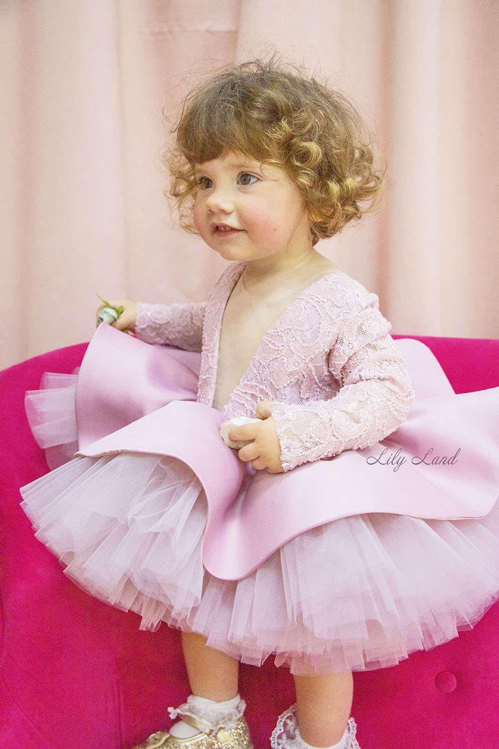 Angelina Lace Long Sleeve Baby Girl Dress in Tea-Rose