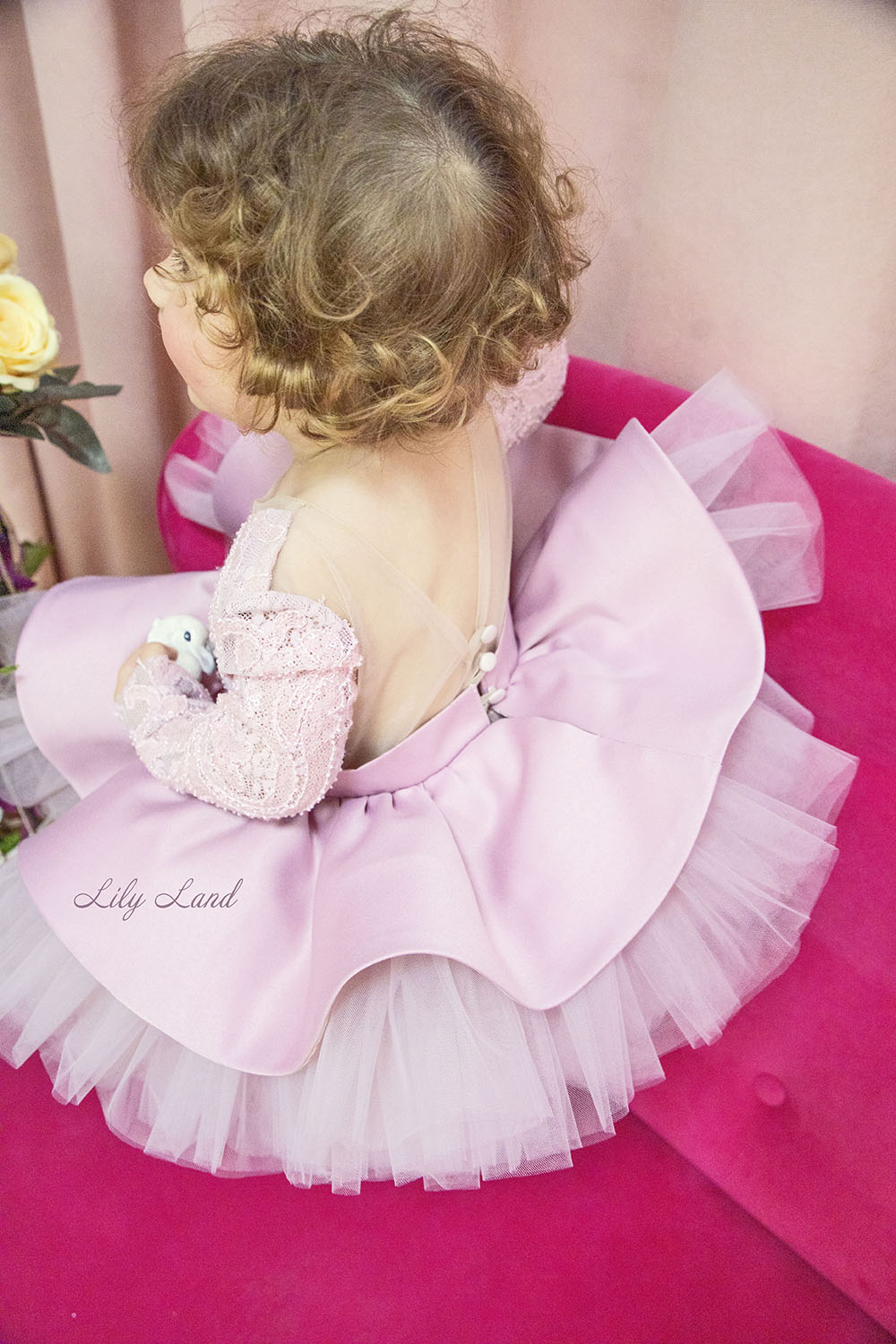 Angelina Lace Long Sleeve Baby Girl Dress in Tea-Rose