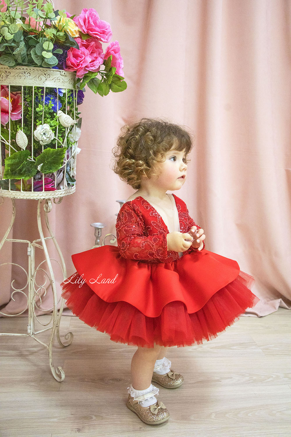 Angelina Lace Long Sleeve Baby Girl Dress in Red