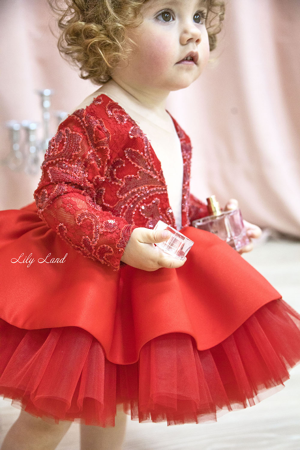 Angelina Lace Long Sleeve Baby Girl Dress in Red