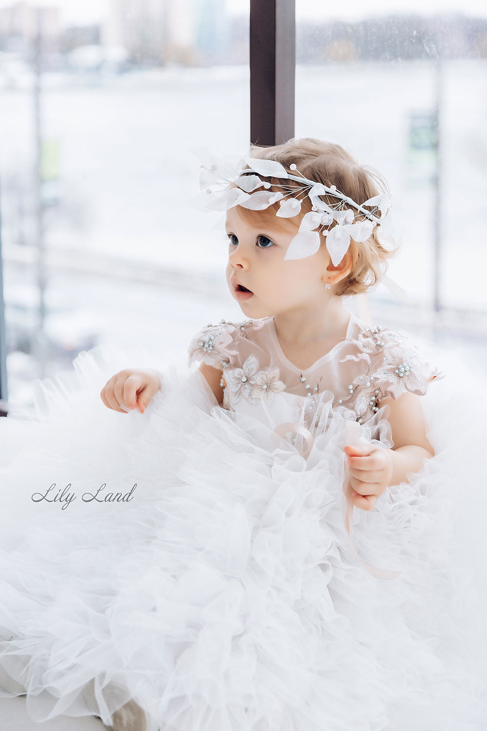Lel Girl Ruffles Dress in Ivory with Flower Lace