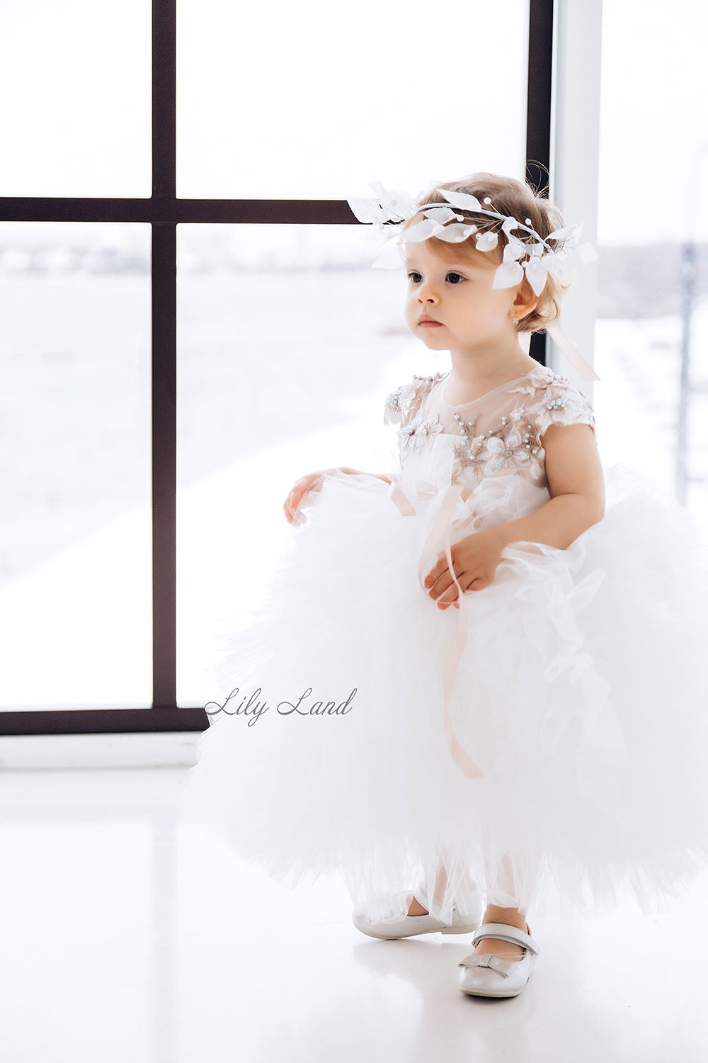 Lel Girl Ruffles Dress in Ivory with Flower Lace