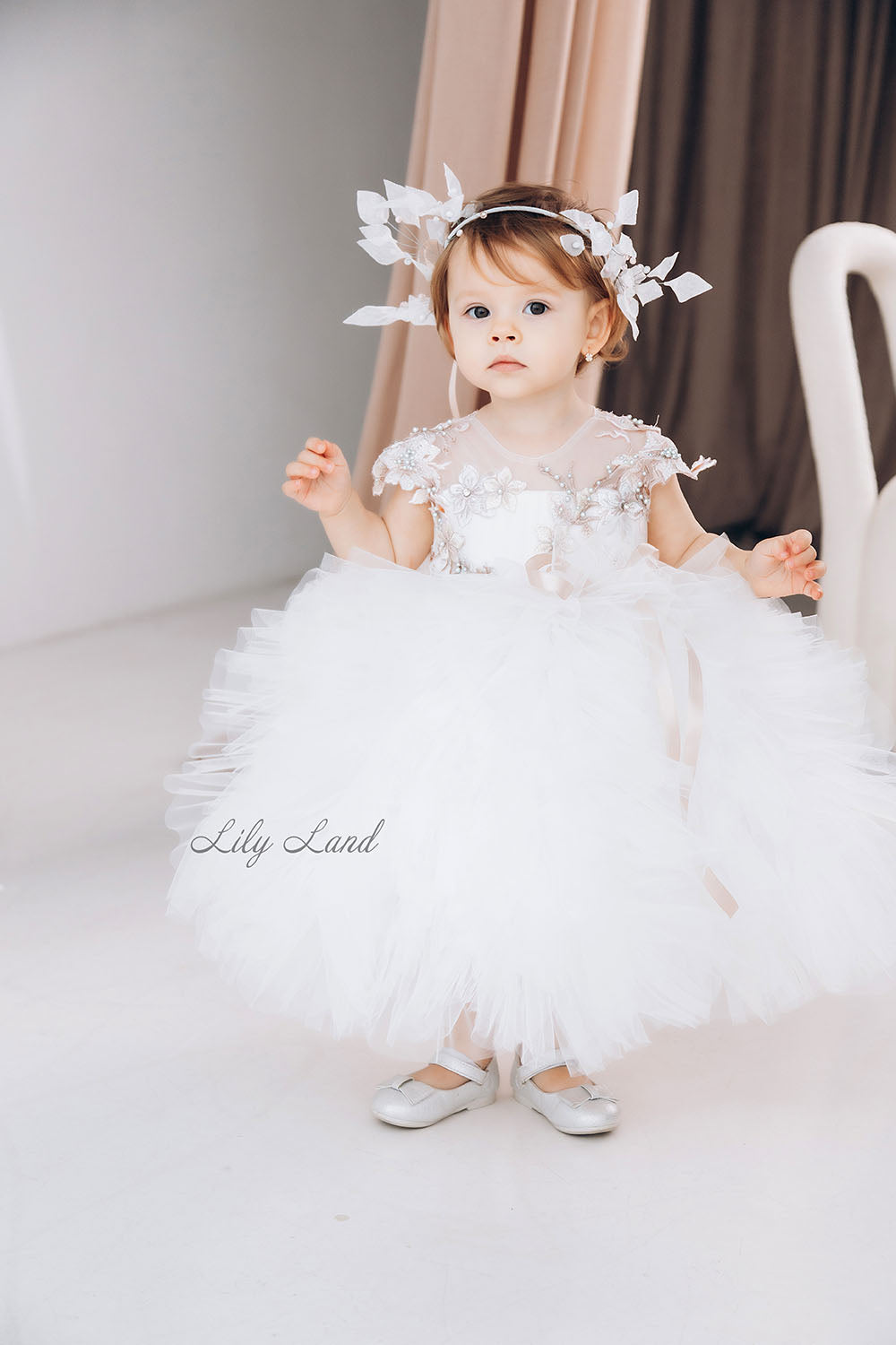 Lel Girl Ruffles Dress in Ivory with Flower Lace