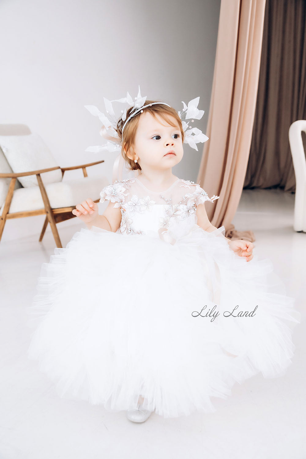 Lel Girl Ruffles Dress in Ivory with Flower Lace