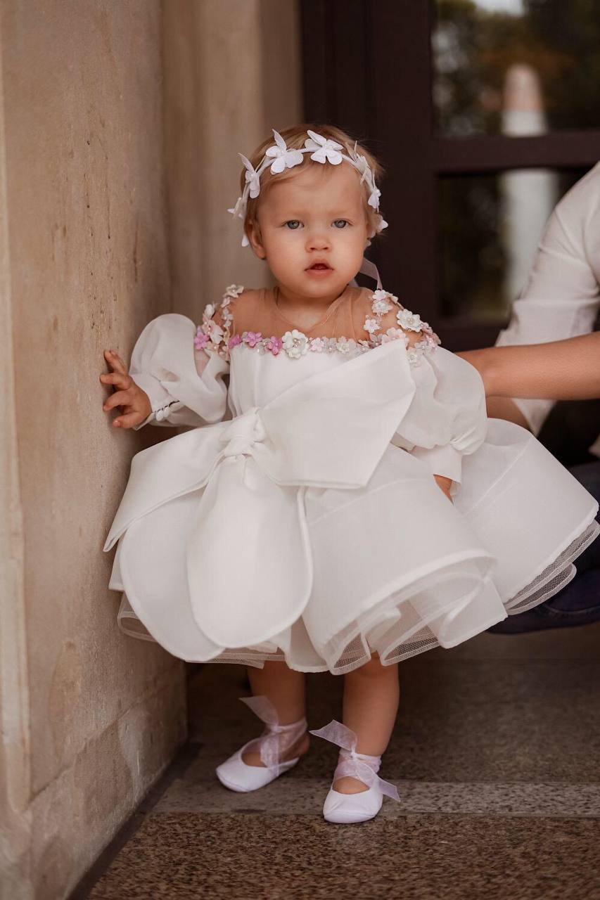 April Girl Dress with Colorful Flowers in Ivory