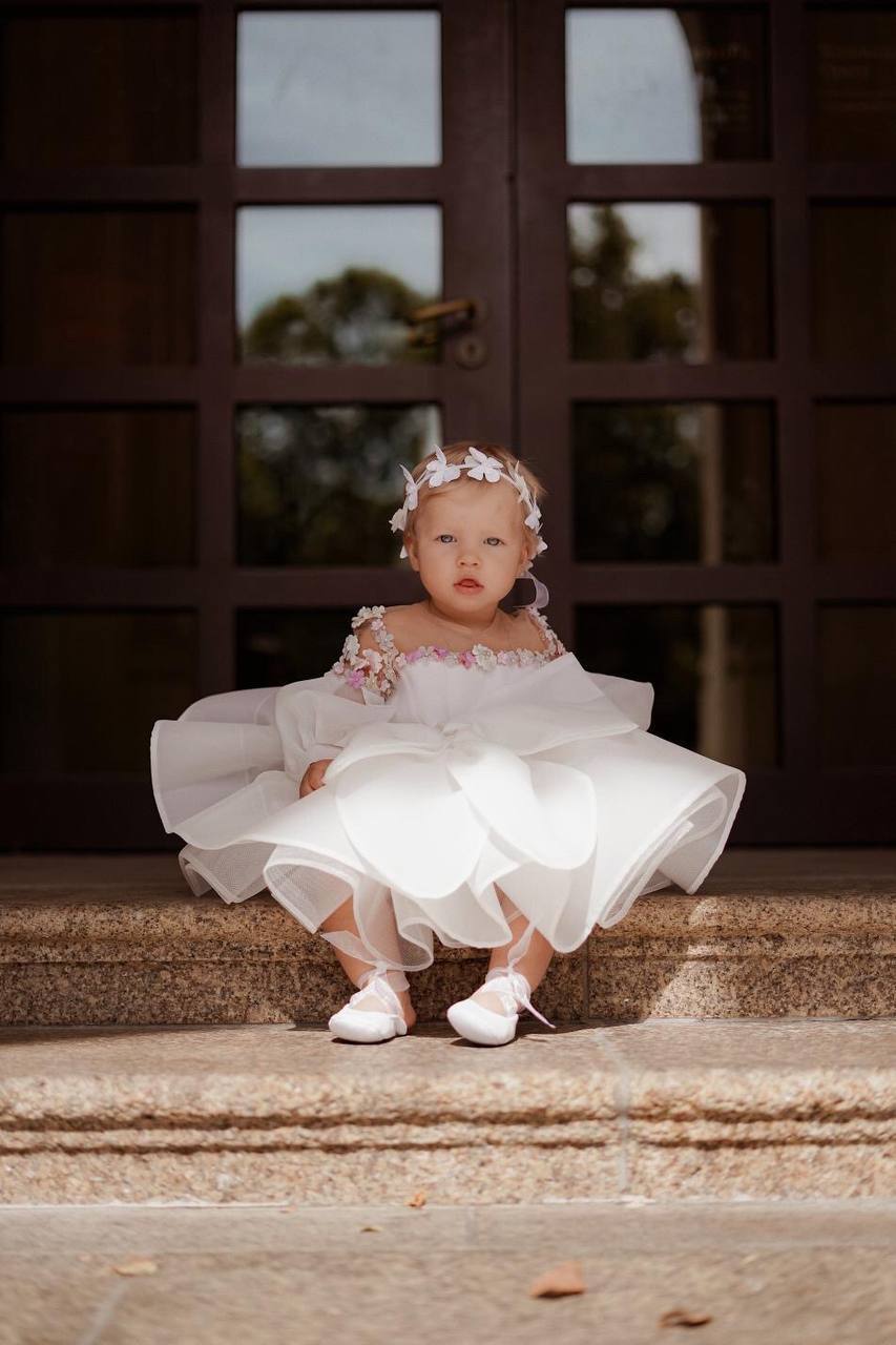 April Girl Dress with Colorful Flowers in Ivory