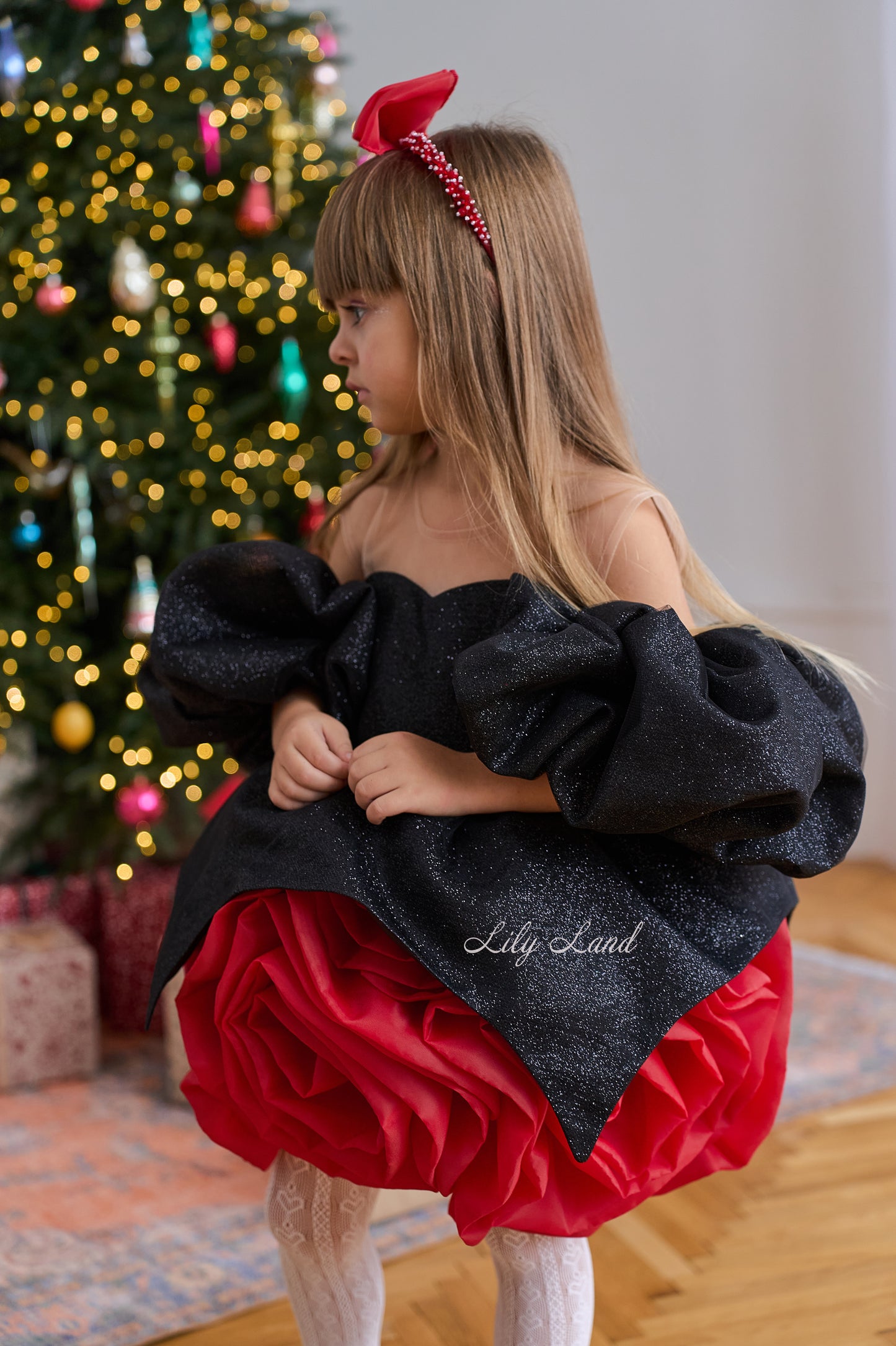 Dolly Glitter Christmas Dress in Black with Red