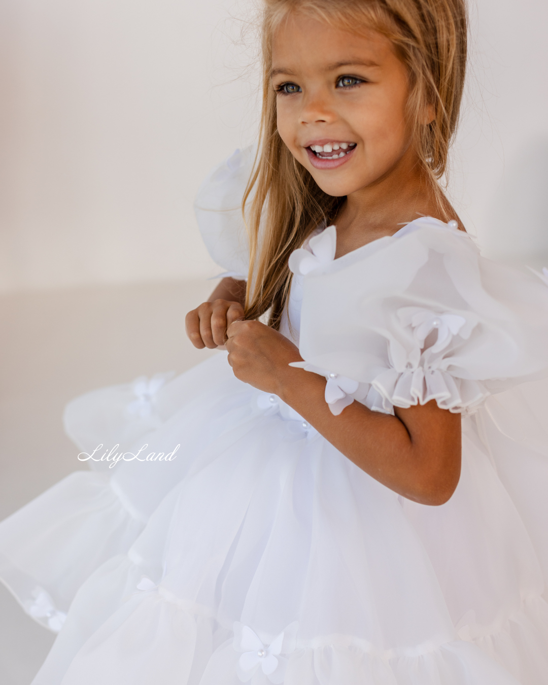 Marseille Puffy Dress in White with White Butterflies