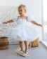 Kira Glitter Puffy Girl Dress in White with Beads