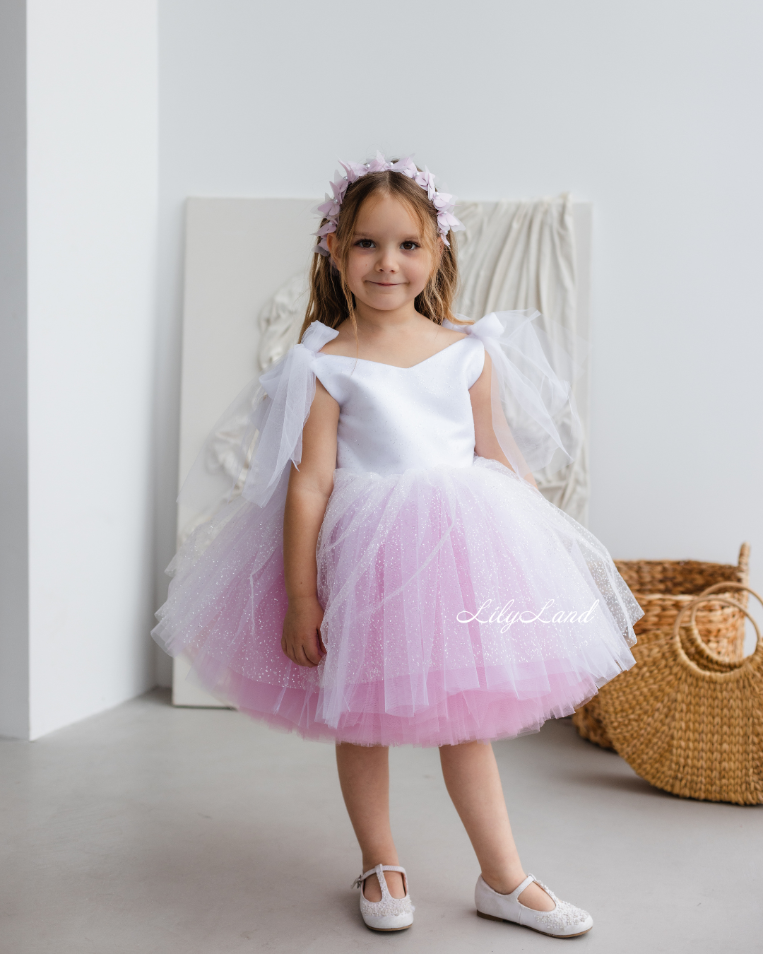 Judy Sparkling Tulle Sleeveless Girl Dress in White Pink Ombre