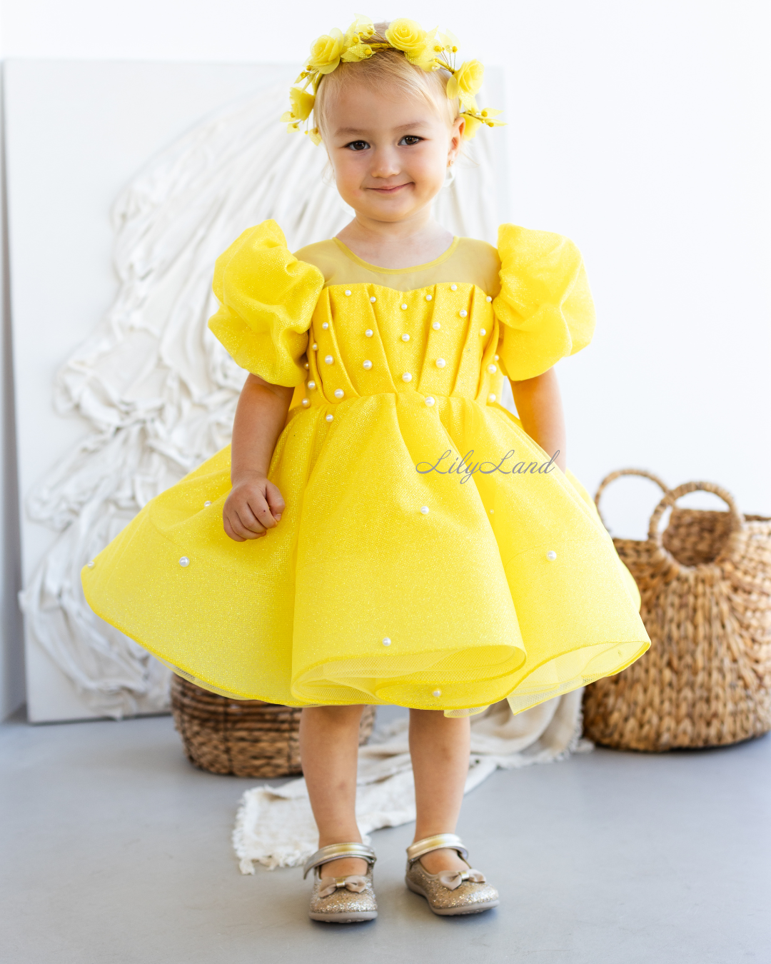 Kira Glitter Puffy Girl Dress in Yellow with Beads