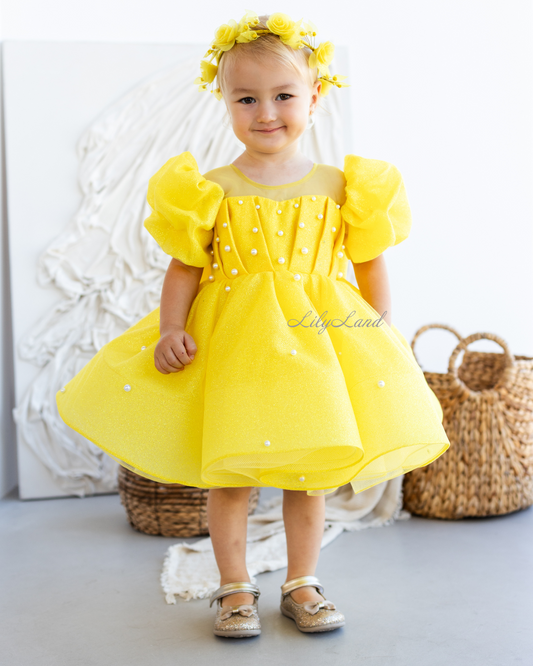 Kira Glitter Puffy Girl Dress in Yellow with Beads