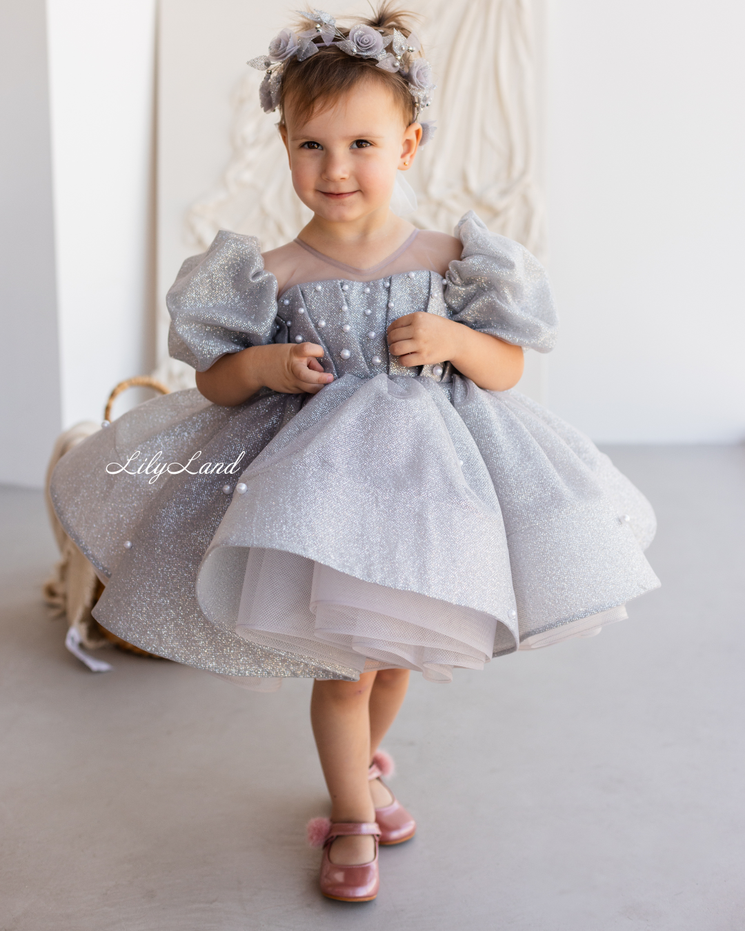 Kira Glitter Puffy Girl Dress in Silver with Beads