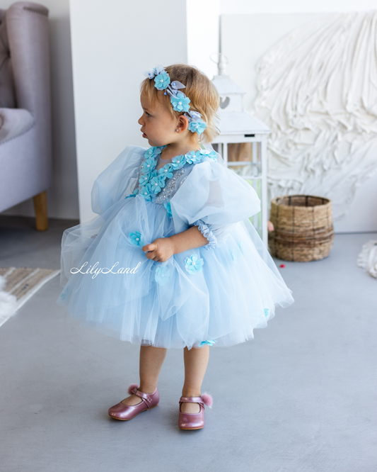 Fifi Baby Girl Dress in Sky Blue with Attached Flowers