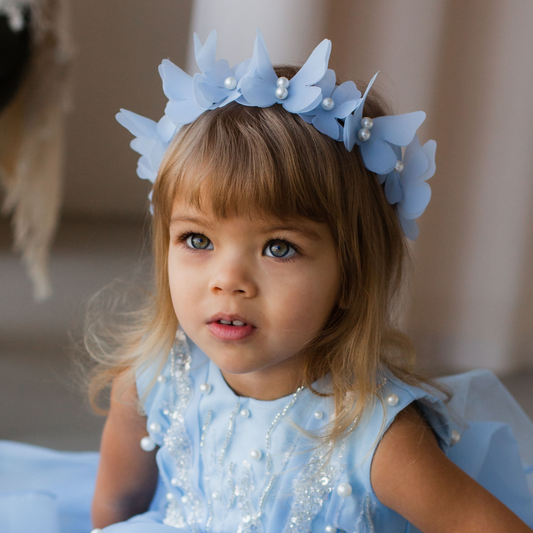 Girl Headband with Butterflies and Flowers in Blue