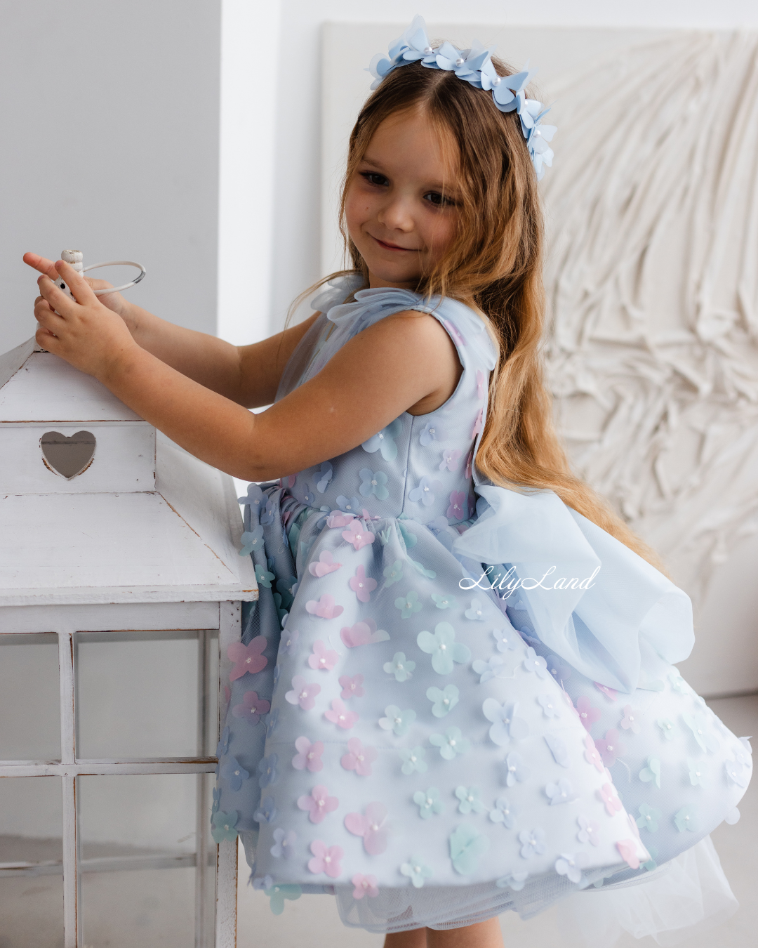 Malva Girl Dress with 3D Flower Lace in Blue