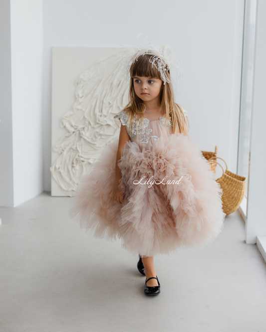 Lel Girl Ruffles Dress in Cappuccino with Flower Lace