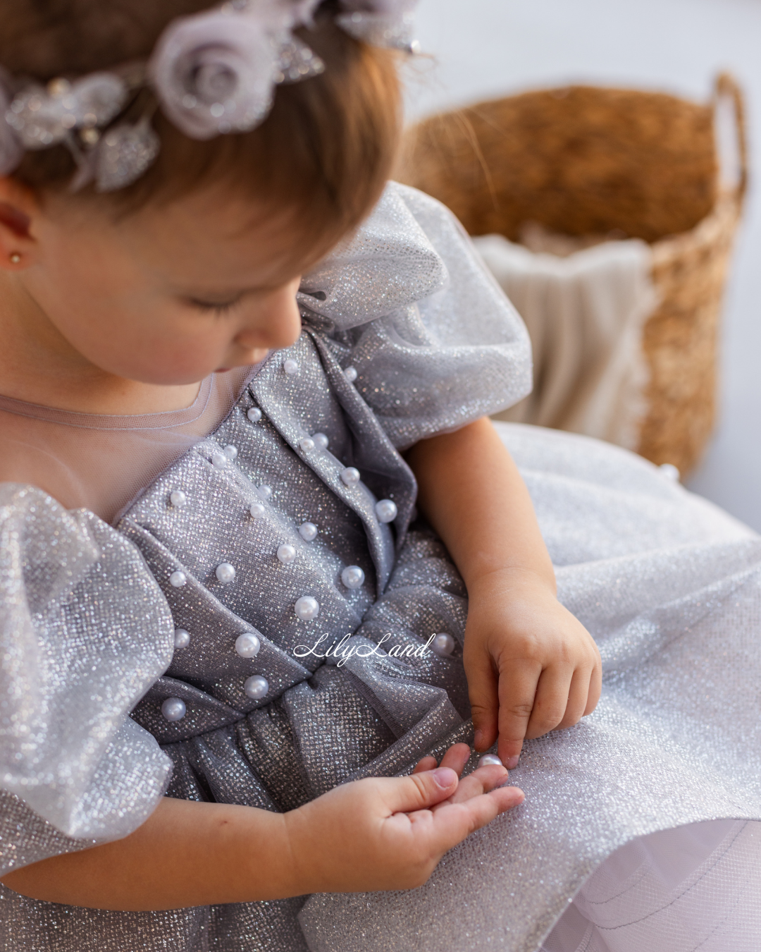 Kira Glitter Puffy Girl Dress in Silver with Beads