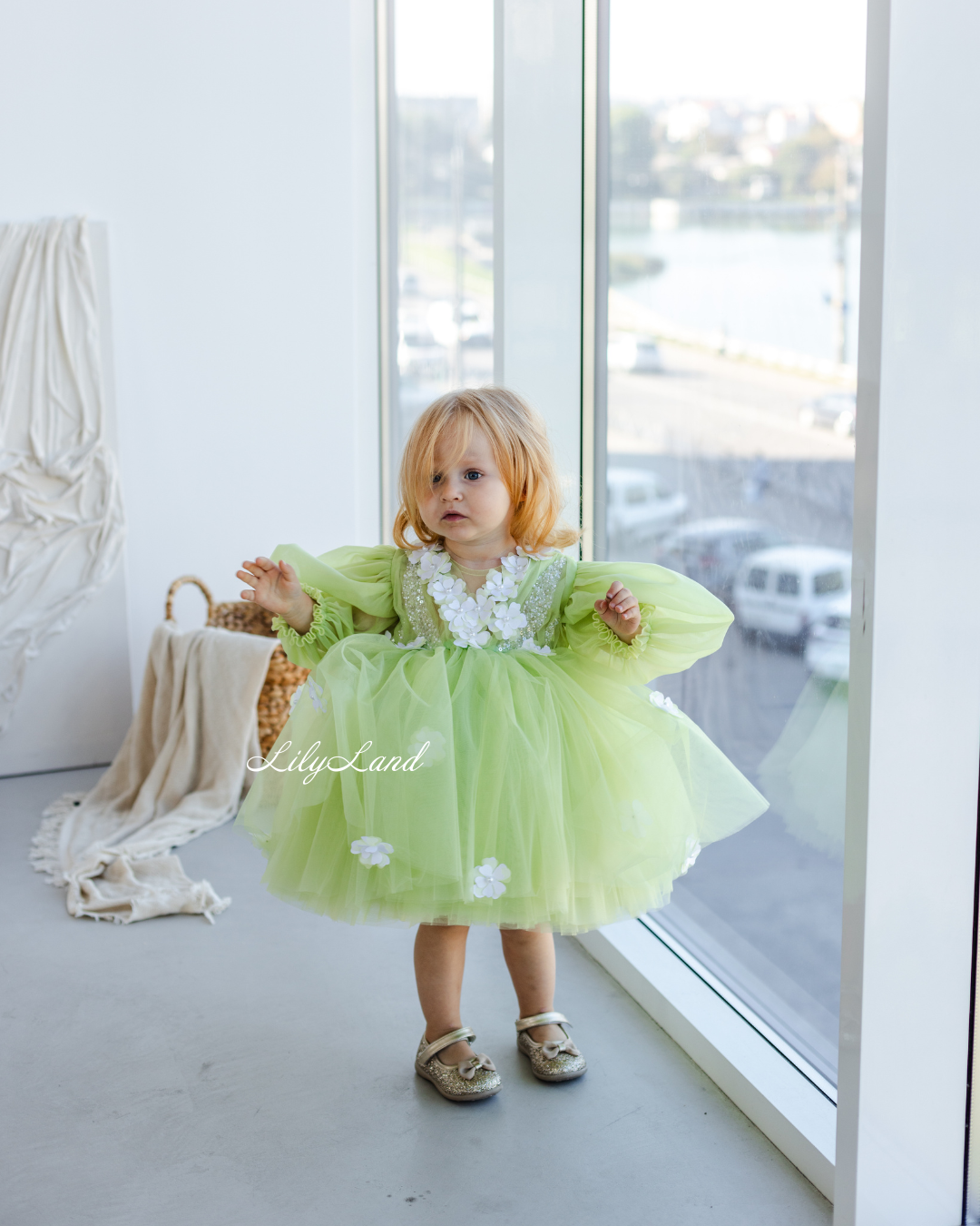 Fifi Baby Girl Dress in Lime with Attached Flowers