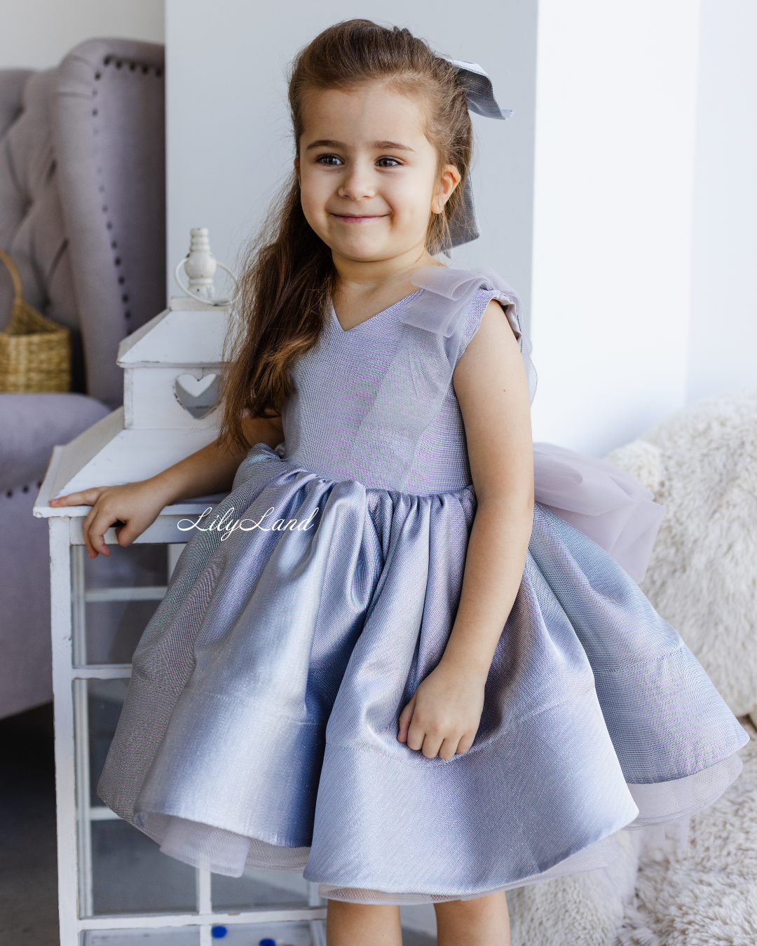 Malva Girl Dress in Brocade Silver