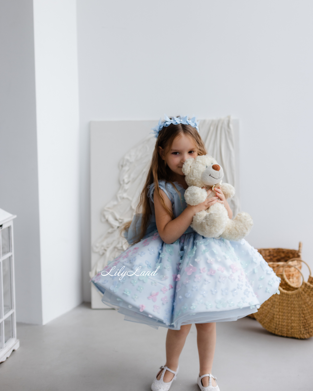 Malva Girl Dress with 3D Flower Lace in Blue