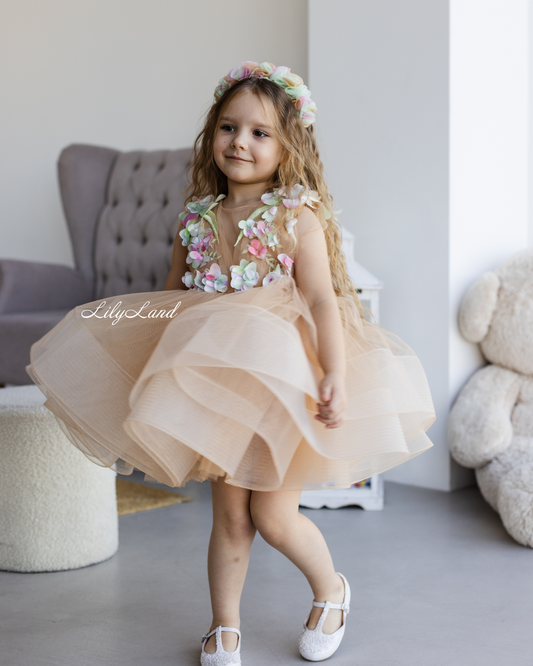 Hawaii Girls Dress with Flower Lace in Beige