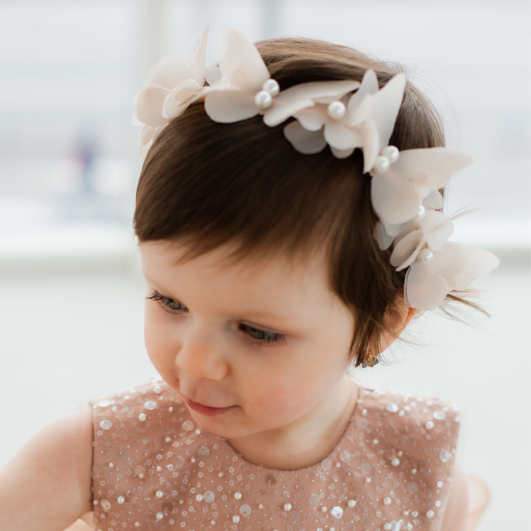 Girl Headband with Butterflies and Flowers in Bright Pink